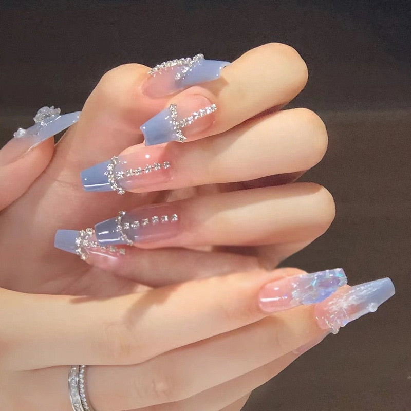 24Pcs Long Coffin Square False Nails Ballet Fake Nails Press on Nails Black Heart Rhinestone Design Glitter Full Cover Nail Tips
