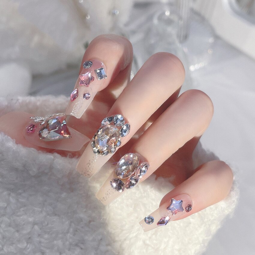 24Pcs Long Coffin Square False Nails Ballet Fake Nails Press on Nails Black Heart Rhinestone Design Glitter Full Cover Nail Tips