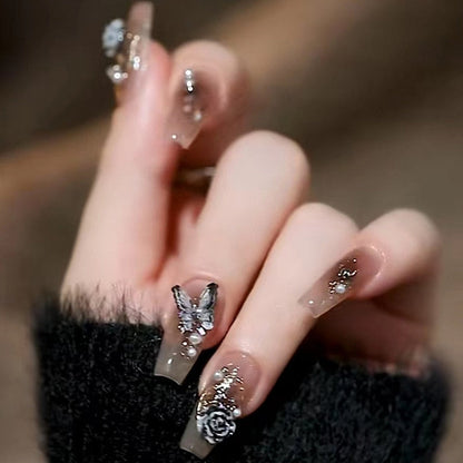24Pcs Long Coffin Square False Nails Ballet Fake Nails Press on Nails Black Heart Rhinestone Design Glitter Full Cover Nail Tips