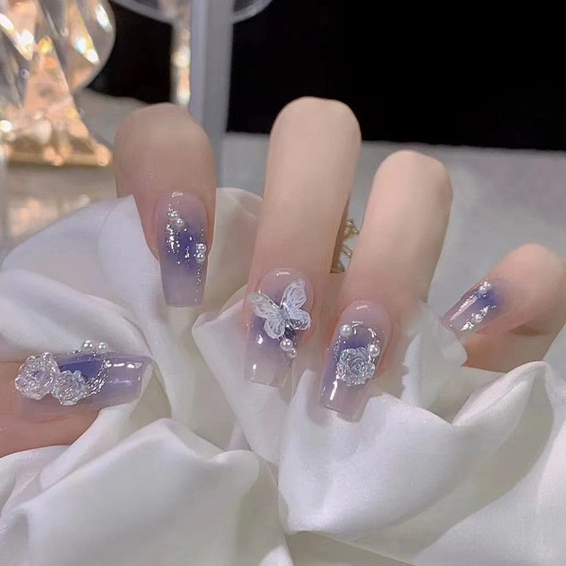 24Pcs Long Coffin Square False Nails Ballet Fake Nails Press on Nails Black Heart Rhinestone Design Glitter Full Cover Nail Tips