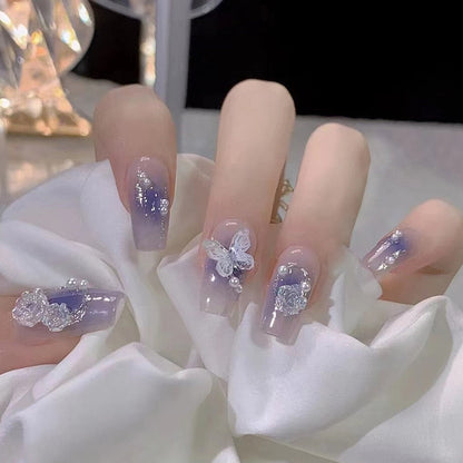 24Pcs Long Coffin Square False Nails Ballet Fake Nails Press on Nails Black Heart Rhinestone Design Glitter Full Cover Nail Tips