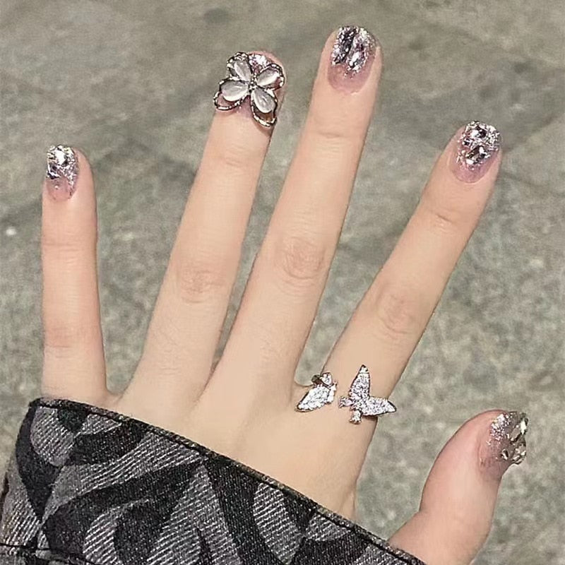 24Pcs Long Coffin Square False Nails Ballet Fake Nails Press on Nails Black Heart Rhinestone Design Glitter Full Cover Nail Tips