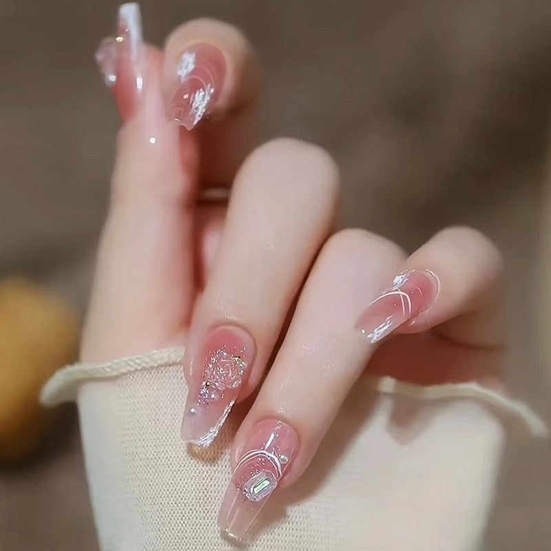 24Pcs Long Coffin Square False Nails Ballet Fake Nails Press on Nails Black Heart Rhinestone Design Glitter Full Cover Nail Tips