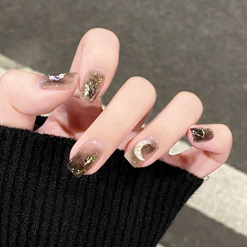 24Pcs Long Coffin Square False Nails Ballet Fake Nails Press on Nails Black Heart Rhinestone Design Glitter Full Cover Nail Tips