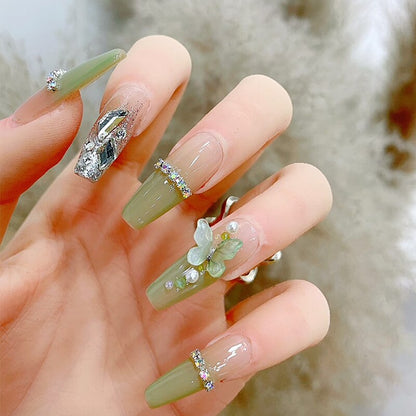 24Pcs Long Coffin Square False Nails Ballet Fake Nails Press on Nails Black Heart Rhinestone Design Glitter Full Cover Nail Tips