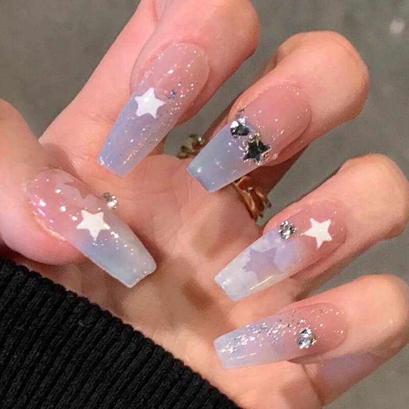 24Pcs Long Coffin Square False Nails Ballet Fake Nails Press on Nails Black Heart Rhinestone Design Glitter Full Cover Nail Tips