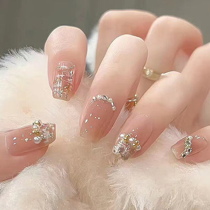 24Pcs Long Coffin Square False Nails Ballet Fake Nails Press on Nails Black Heart Rhinestone Design Glitter Full Cover Nail Tips