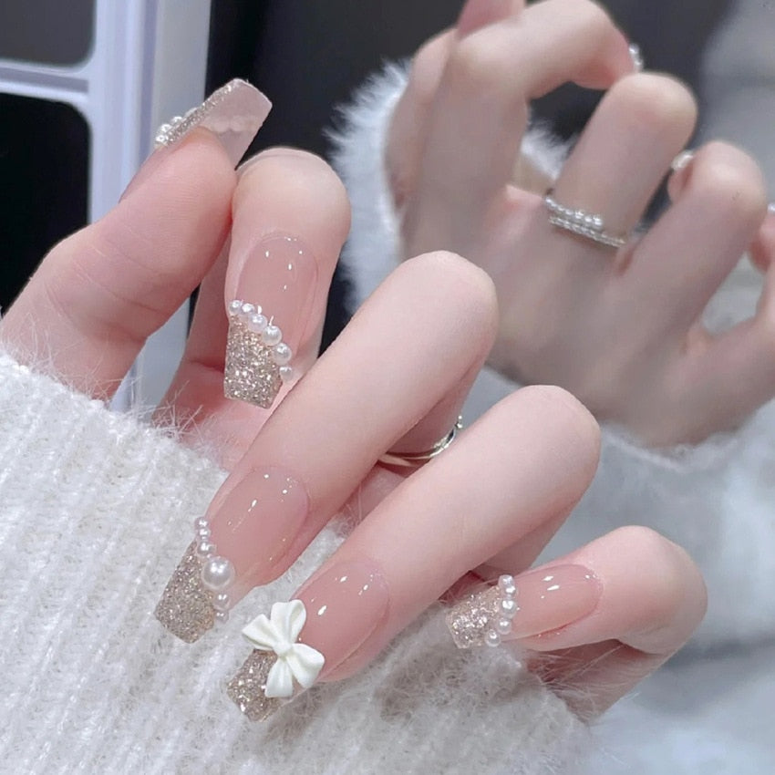 24Pcs Long Coffin Square False Nails Ballet Fake Nails Press on Nails Black Heart Rhinestone Design Glitter Full Cover Nail Tips
