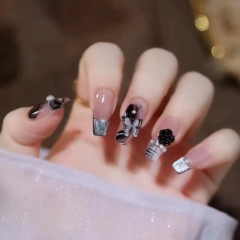 24Pcs Long Coffin Square False Nails Ballet Fake Nails Press on Nails Black Heart Rhinestone Design Glitter Full Cover Nail Tips
