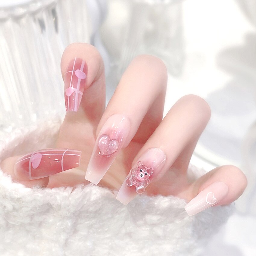 24Pcs Long Coffin Square False Nails Ballet Fake Nails Press on Nails Black Heart Rhinestone Design Glitter Full Cover Nail Tips