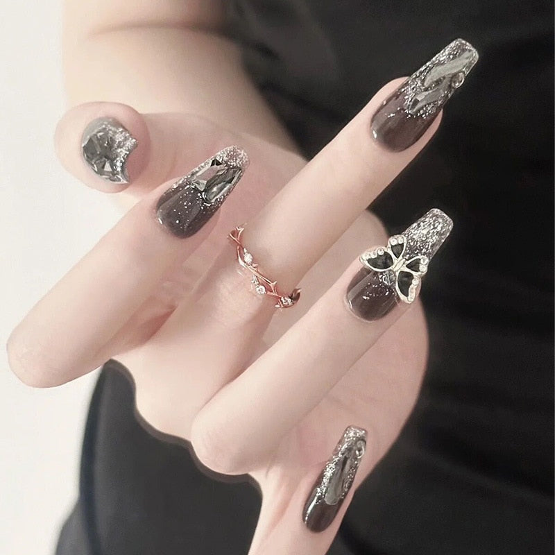 24Pcs Long Coffin Square False Nails Ballet Fake Nails Press on Nails Black Heart Rhinestone Design Glitter Full Cover Nail Tips