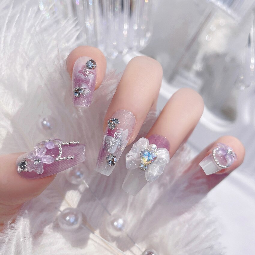 24Pcs Long Coffin Square False Nails Ballet Fake Nails Press on Nails Black Heart Rhinestone Design Glitter Full Cover Nail Tips