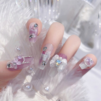 24Pcs Long Coffin Square False Nails Ballet Fake Nails Press on Nails Black Heart Rhinestone Design Glitter Full Cover Nail Tips