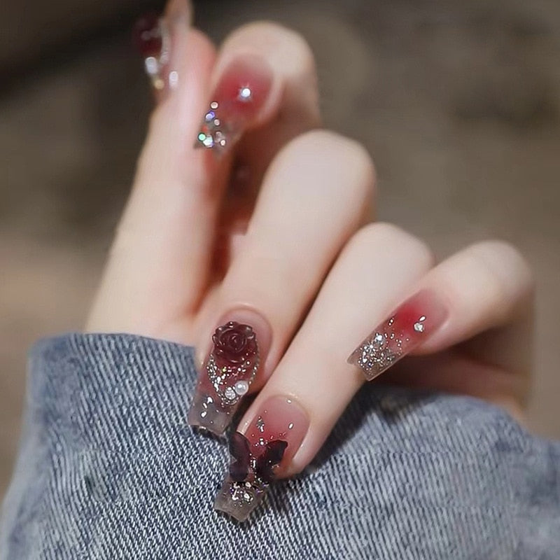 24Pcs Long Coffin Square False Nails Ballet Fake Nails Press on Nails Black Heart Rhinestone Design Glitter Full Cover Nail Tips