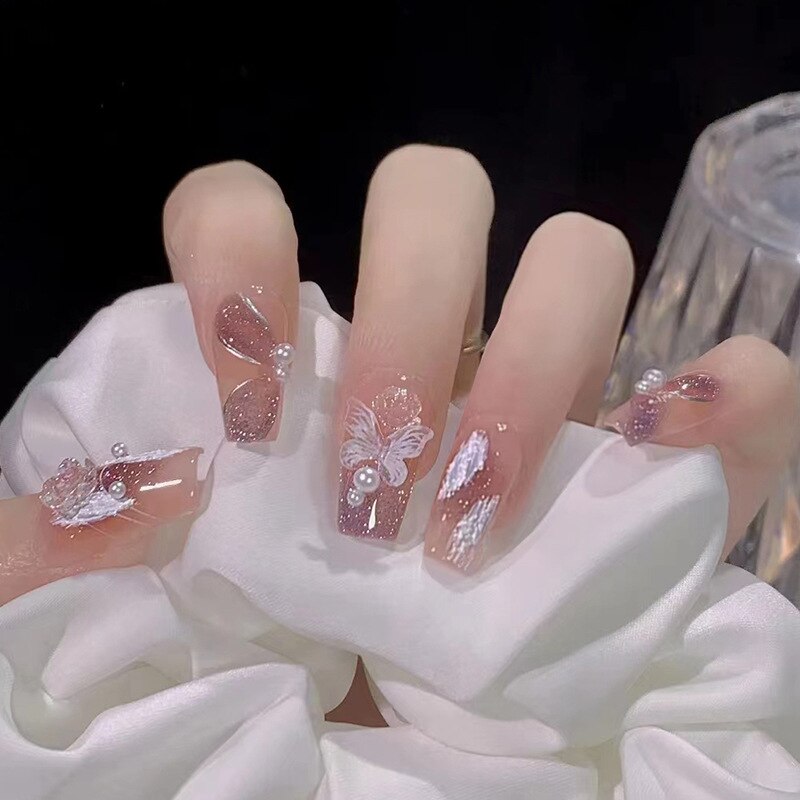 24Pcs Long Coffin Square False Nails Ballet Fake Nails Press on Nails Black Heart Rhinestone Design Glitter Full Cover Nail Tips