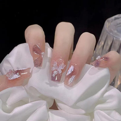 24Pcs Long Coffin Square False Nails Ballet Fake Nails Press on Nails Black Heart Rhinestone Design Glitter Full Cover Nail Tips