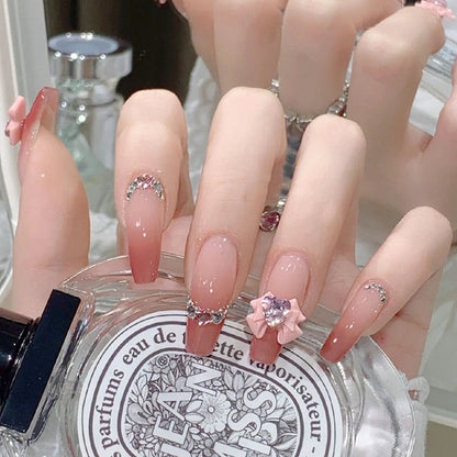 24Pcs Long Coffin Square False Nails Ballet Fake Nails Press on Nails Black Heart Rhinestone Design Glitter Full Cover Nail Tips