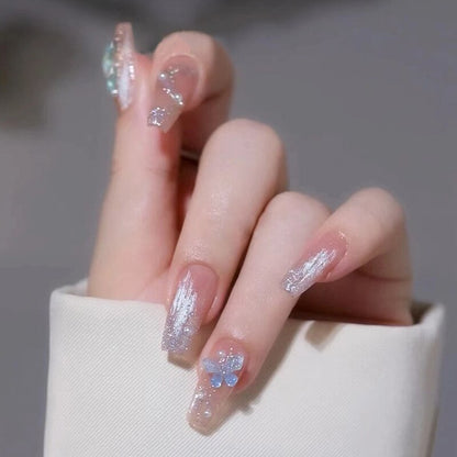 24Pcs Long Coffin Square False Nails Ballet Fake Nails Press on Nails Black Heart Rhinestone Design Glitter Full Cover Nail Tips