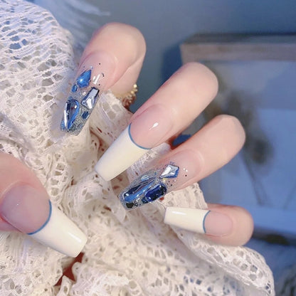 24Pcs Long Coffin Square False Nails Ballet Fake Nails Press on Nails Black Heart Rhinestone Design Glitter Full Cover Nail Tips