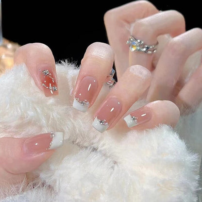 24Pcs Long Coffin Square False Nails Ballet Fake Nails Press on Nails Black Heart Rhinestone Design Glitter Full Cover Nail Tips