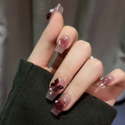 24Pcs Long Coffin Square False Nails Ballet Fake Nails Press on Nails Black Heart Rhinestone Design Glitter Full Cover Nail Tips