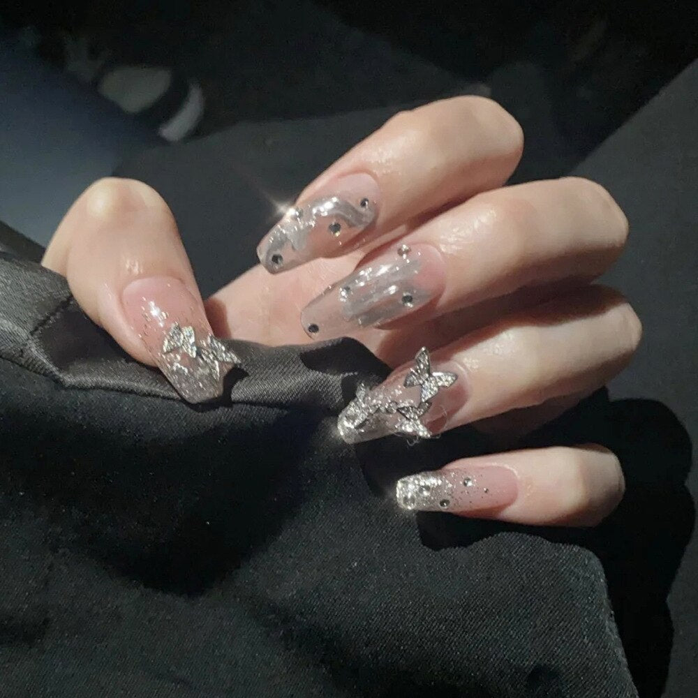 24Pcs Long Coffin Square False Nails Ballet Fake Nails Press on Nails Black Heart Rhinestone Design Glitter Full Cover Nail Tips