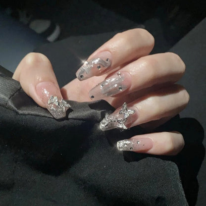 24Pcs Long Coffin Square False Nails Ballet Fake Nails Press on Nails Black Heart Rhinestone Design Glitter Full Cover Nail Tips