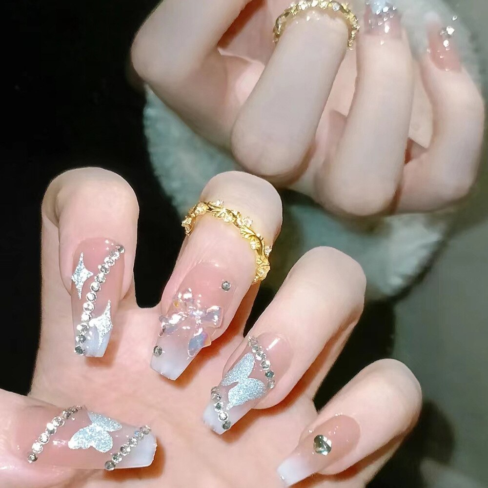 24Pcs Long Coffin Square False Nails Ballet Fake Nails Press on Nails Black Heart Rhinestone Design Glitter Full Cover Nail Tips