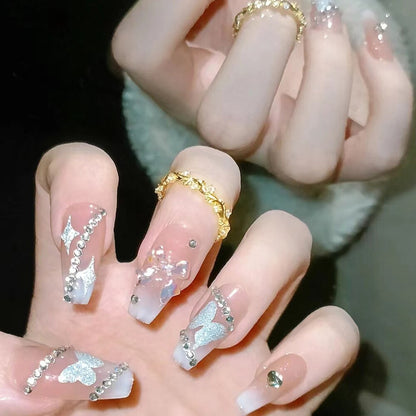24Pcs Long Coffin Square False Nails Ballet Fake Nails Press on Nails Black Heart Rhinestone Design Glitter Full Cover Nail Tips