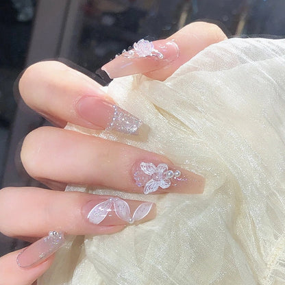 24Pcs Long Coffin Square False Nails Ballet Fake Nails Press on Nails Black Heart Rhinestone Design Glitter Full Cover Nail Tips
