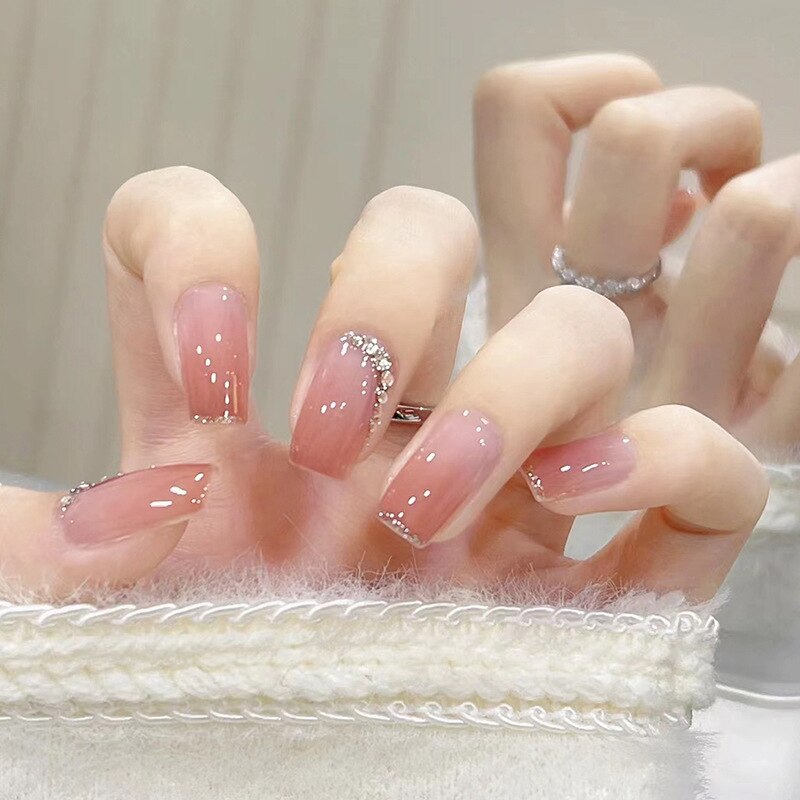 24Pcs Long Coffin Square False Nails Ballet Fake Nails Press on Nails Black Heart Rhinestone Design Glitter Full Cover Nail Tips