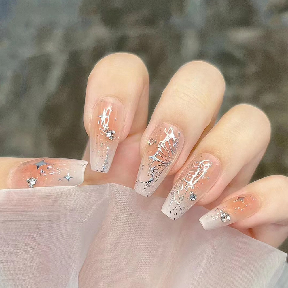 24Pcs Long Coffin Square False Nails Ballet Fake Nails Press on Nails Black Heart Rhinestone Design Glitter Full Cover Nail Tips