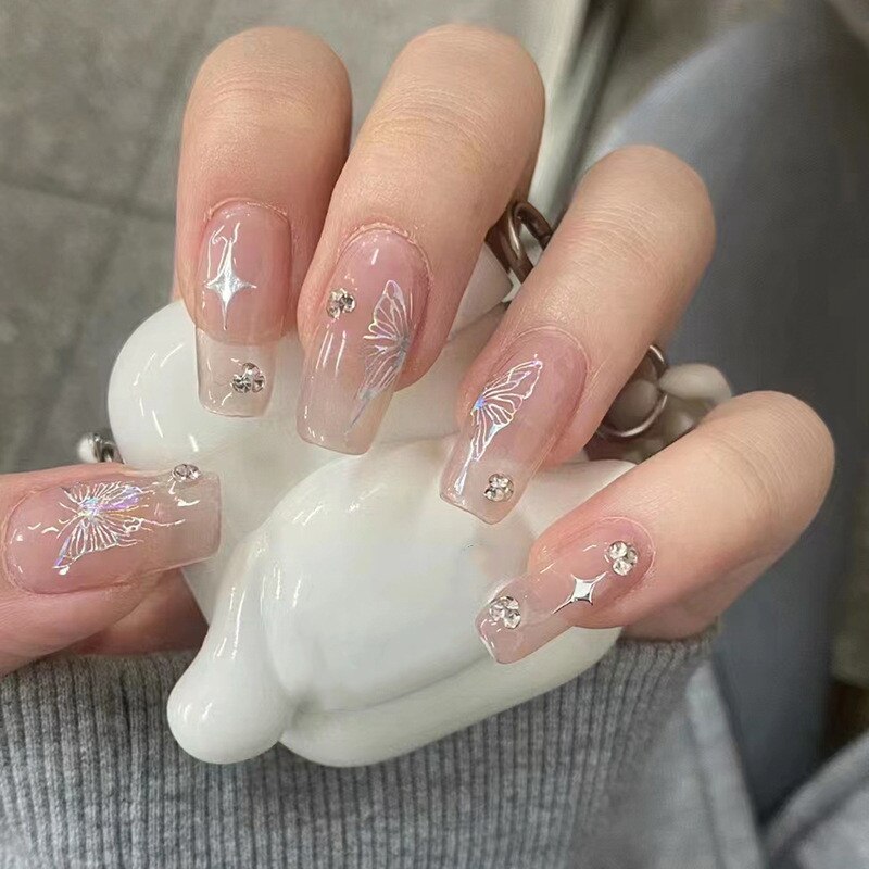 24Pcs Long Coffin Square False Nails Ballet Fake Nails Press on Nails Black Heart Rhinestone Design Glitter Full Cover Nail Tips