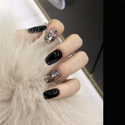 24Pcs Long Coffin Square False Nails Ballet Fake Nails Press on Nails Black Heart Rhinestone Design Glitter Full Cover Nail Tips
