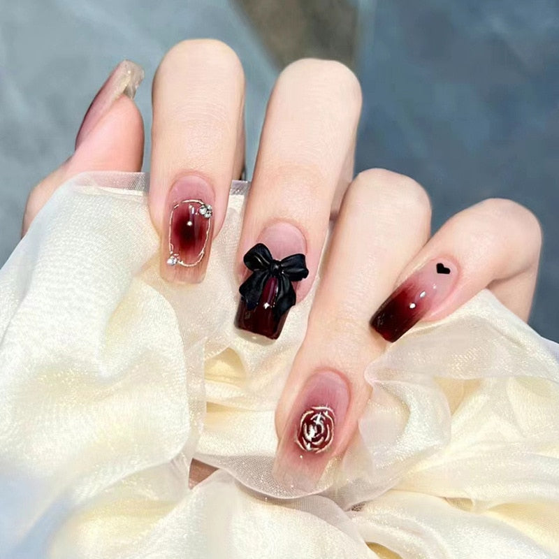 24Pcs Long Coffin Square False Nails Ballet Fake Nails Press on Nails Black Heart Rhinestone Design Glitter Full Cover Nail Tips