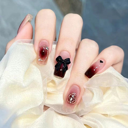 24Pcs Long Coffin Square False Nails Ballet Fake Nails Press on Nails Black Heart Rhinestone Design Glitter Full Cover Nail Tips