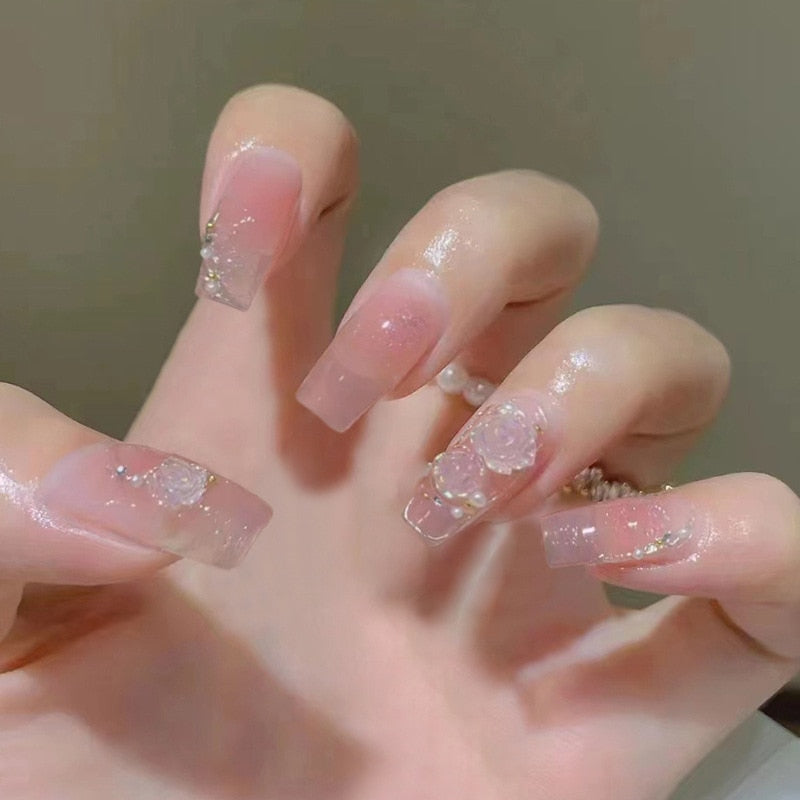 24Pcs Long Coffin Square False Nails Ballet Fake Nails Press on Nails Black Heart Rhinestone Design Glitter Full Cover Nail Tips
