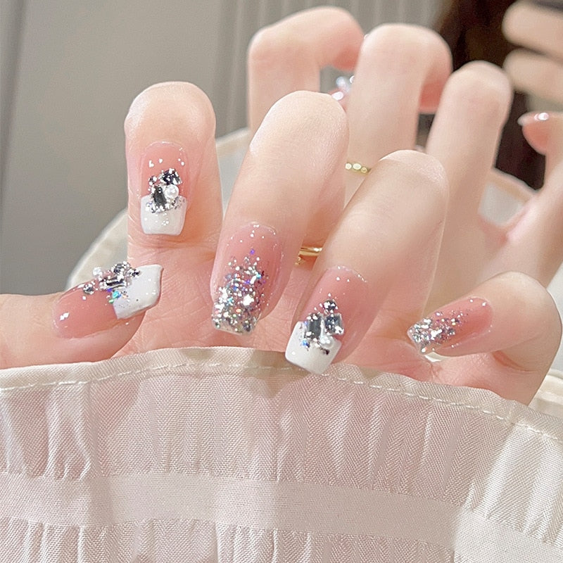 24Pcs Long Coffin Square False Nails Ballet Fake Nails Press on Nails Black Heart Rhinestone Design Glitter Full Cover Nail Tips