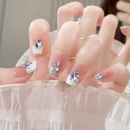24Pcs Long Coffin Square False Nails Ballet Fake Nails Press on Nails Black Heart Rhinestone Design Glitter Full Cover Nail Tips
