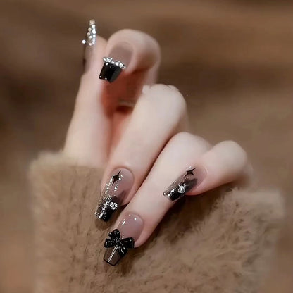 24Pcs Long Coffin Square False Nails Ballet Fake Nails Press on Nails Black Heart Rhinestone Design Glitter Full Cover Nail Tips