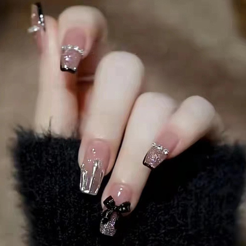 24Pcs Long Coffin Square False Nails Ballet Fake Nails Press on Nails Black Heart Rhinestone Design Glitter Full Cover Nail Tips