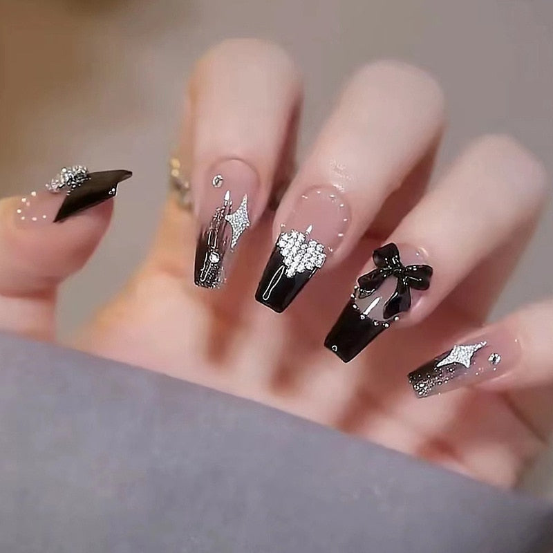 24Pcs Long Coffin Square False Nails Ballet Fake Nails Press on Nails Black Heart Rhinestone Design Glitter Full Cover Nail Tips