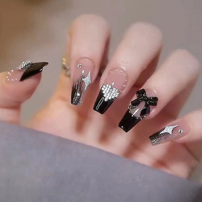 24Pcs Long Coffin Square False Nails Ballet Fake Nails Press on Nails Black Heart Rhinestone Design Glitter Full Cover Nail Tips