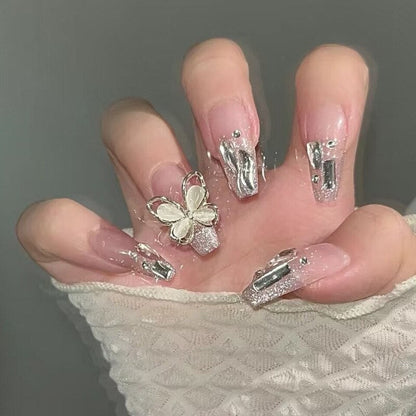 24Pcs Long Coffin Square False Nails Ballet Fake Nails Press on Nails Black Heart Rhinestone Design Glitter Full Cover Nail Tips