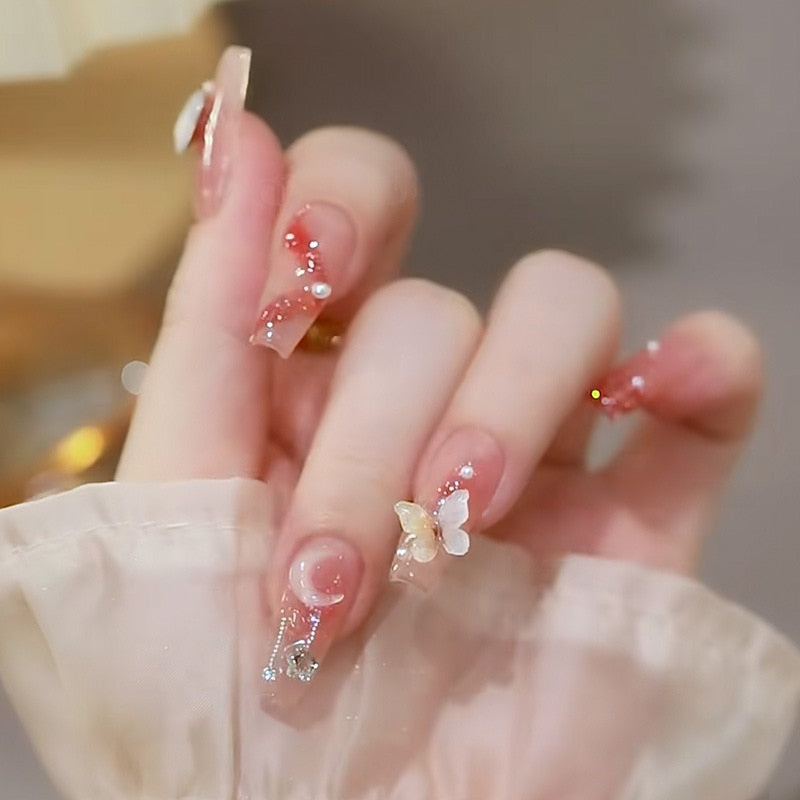 24Pcs Long Coffin Square False Nails Ballet Fake Nails Press on Nails Black Heart Rhinestone Design Glitter Full Cover Nail Tips