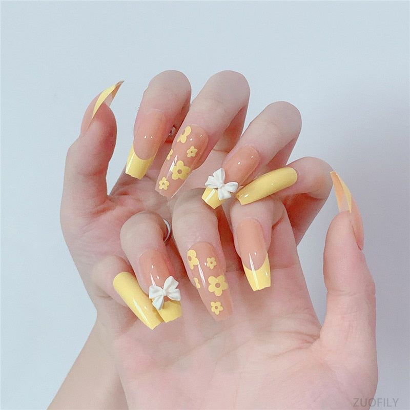 24Pcs Long Love Bow Design French Style Fake Nails Cute Flowers Blue Flame Detachable Press on False Nail Tips Manicure Nail Art
