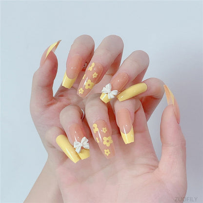 24Pcs Long Love Bow Design French Style Fake Nails Cute Flowers Blue Flame Detachable Press on False Nail Tips Manicure Nail Art