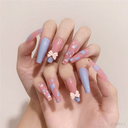24Pcs Long Love Bow Design French Style Fake Nails Cute Flowers Blue Flame Detachable Press on False Nail Tips Manicure Nail Art