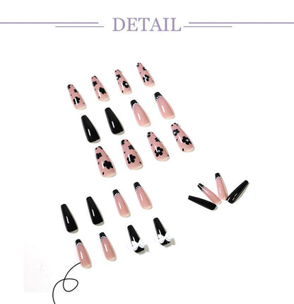 24Pcs Long Love Bow Design French Style Fake Nails Cute Flowers Blue Flame Detachable Press on False Nail Tips Manicure Nail Art