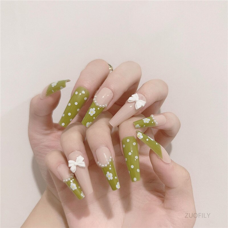 24Pcs Long Love Bow Design French Style Fake Nails Cute Flowers Blue Flame Detachable Press on False Nail Tips Manicure Nail Art